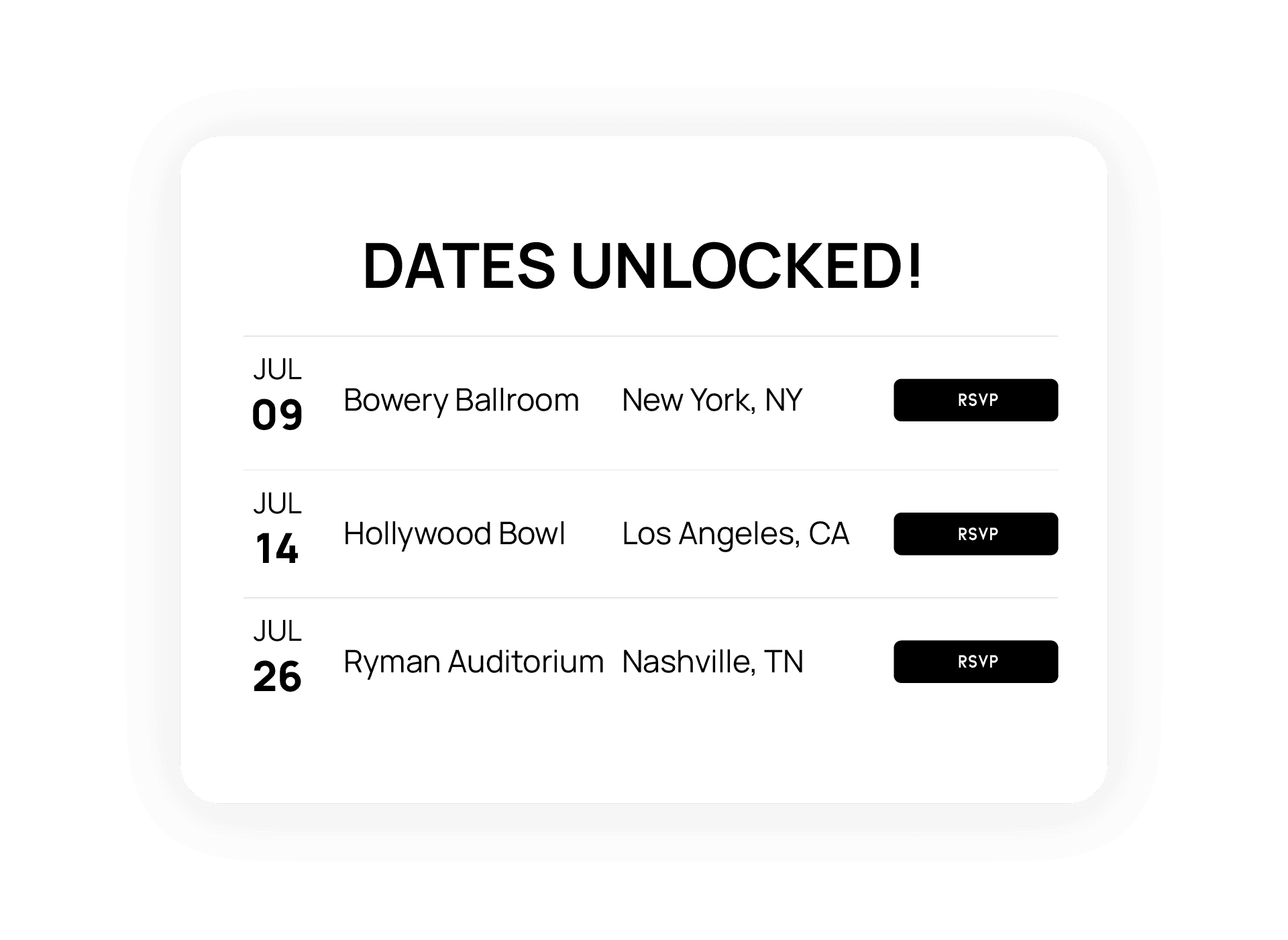 list of embedded tour dates on a website